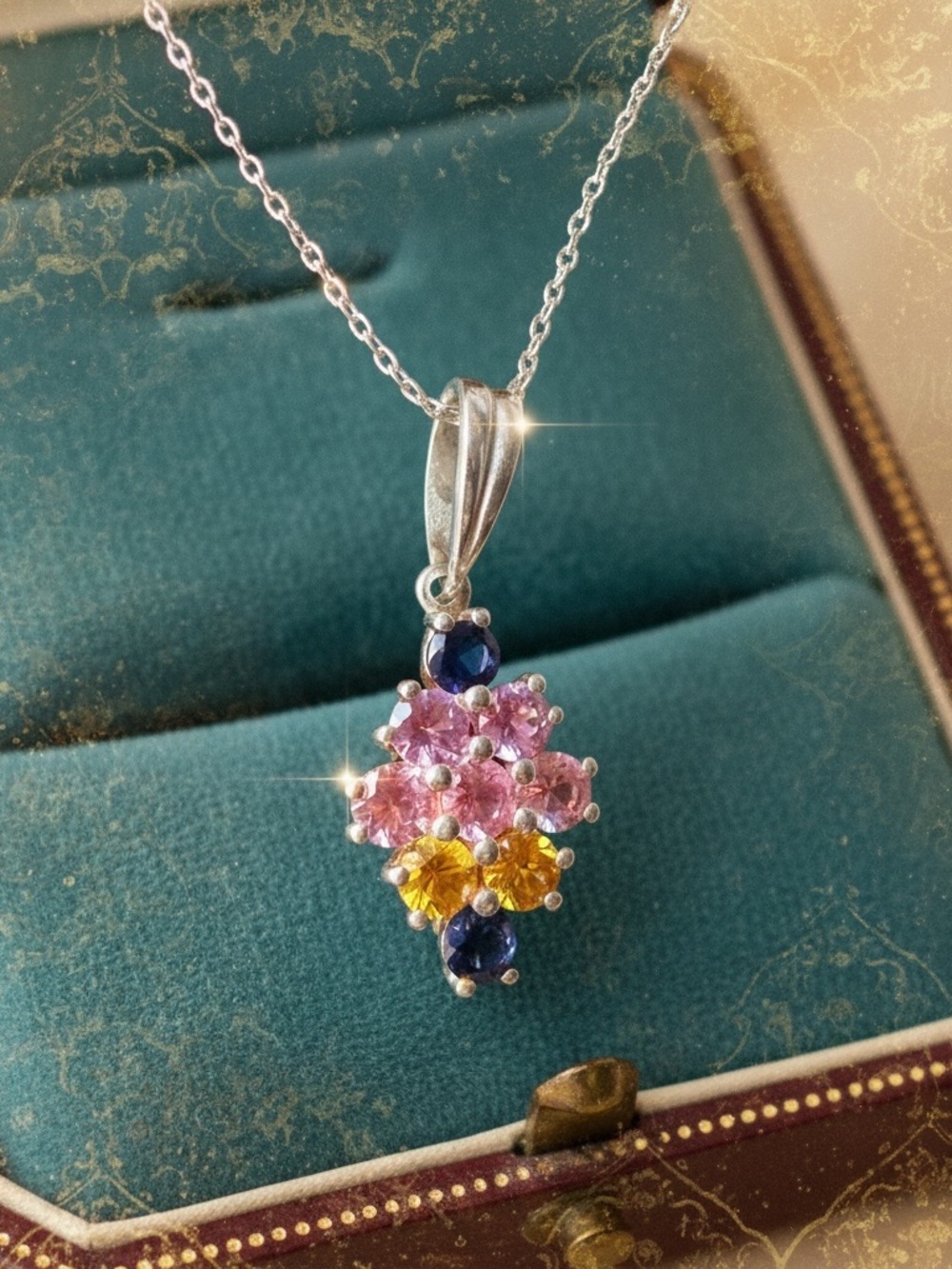 Sterling Silver Multicolor Gemstone Pendant Necklace - Pink, Yellow & Blue925